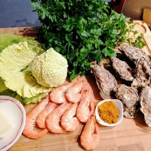 Ingrédients Ravioles d’huîtres et crevettes au curry de Madras
